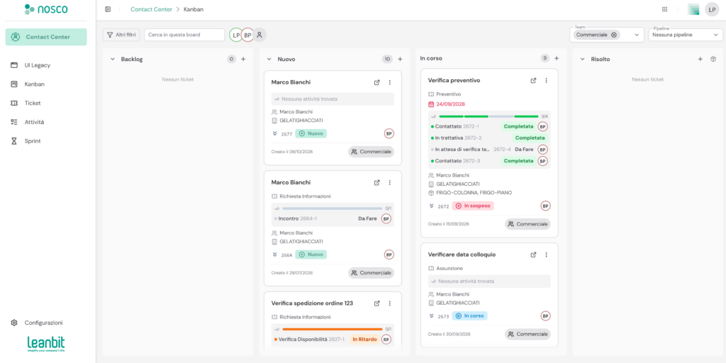 Interfaccia della nuova Kanban Board Nosco sviluppata da Leanbit